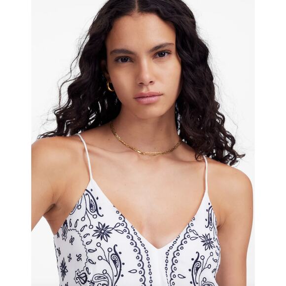 Madewell Embroidered Deep V Neck Midi Dress Bandana Boho White Navy Large NWT - Picture 6 of 16